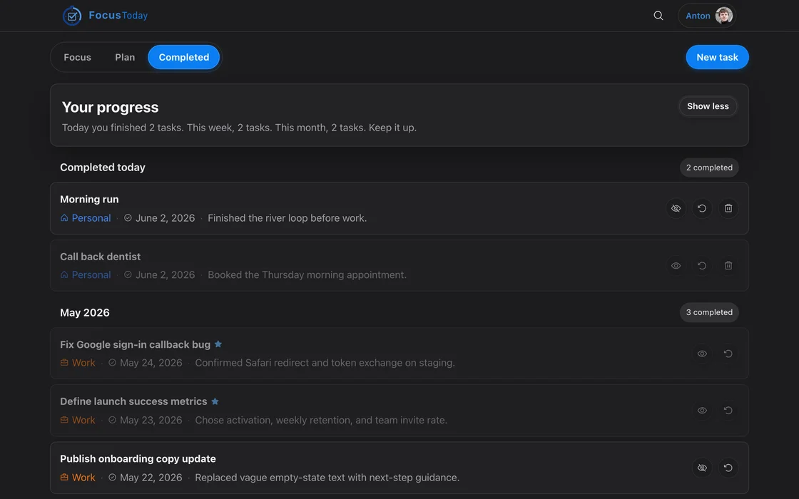 Completed tab on desktop showing tasks finished this month with important ones marked