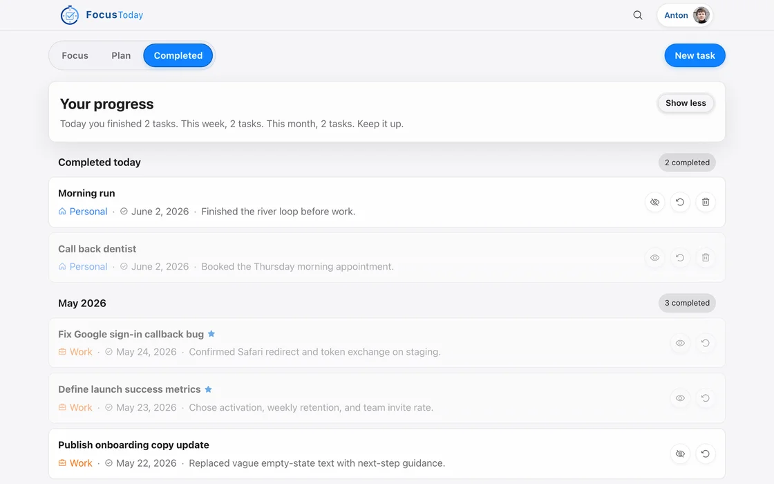 Completed tab on desktop showing tasks finished this month with important ones marked