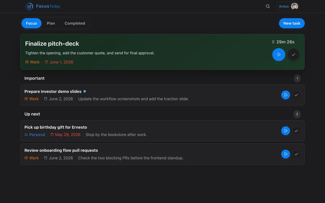 Today tab on desktop with an active task and a running timer