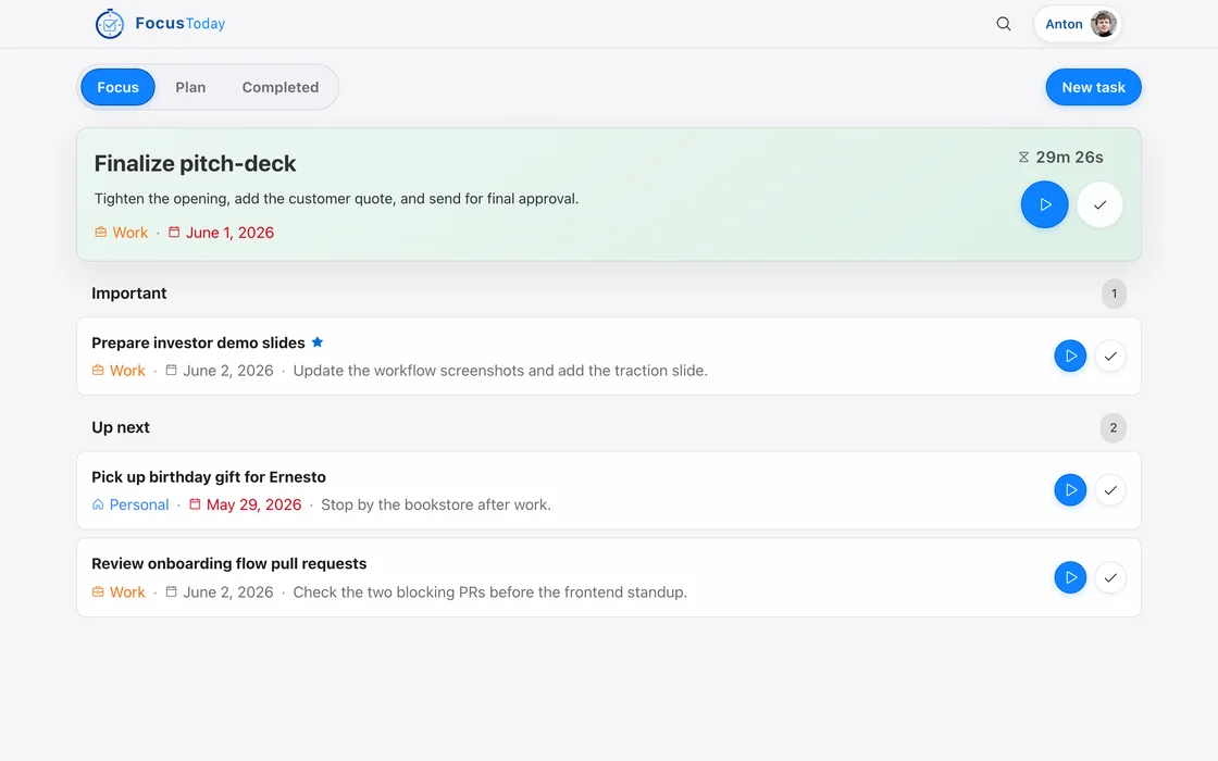 Today tab on desktop with an active task and a running timer