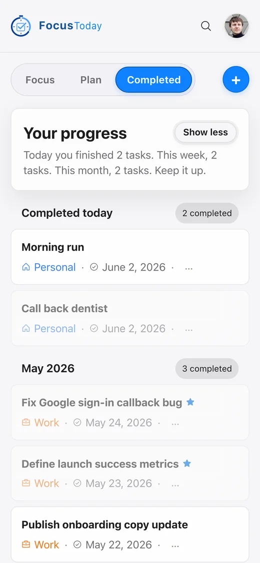 Completed tab showing finished tasks grouped by month