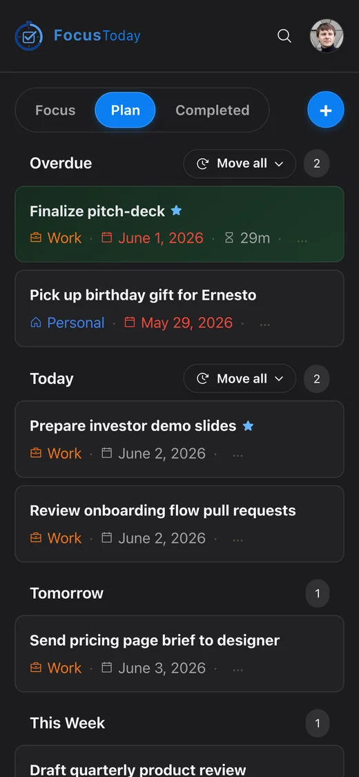 Plan tab showing tasks organized from overdue through upcoming