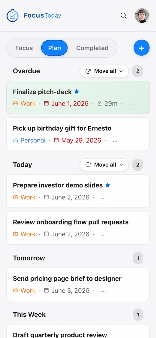 Plan tab showing tasks organized from overdue through upcoming